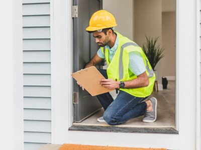 man in yellow safety reflective vest with hard hat doing house inspection