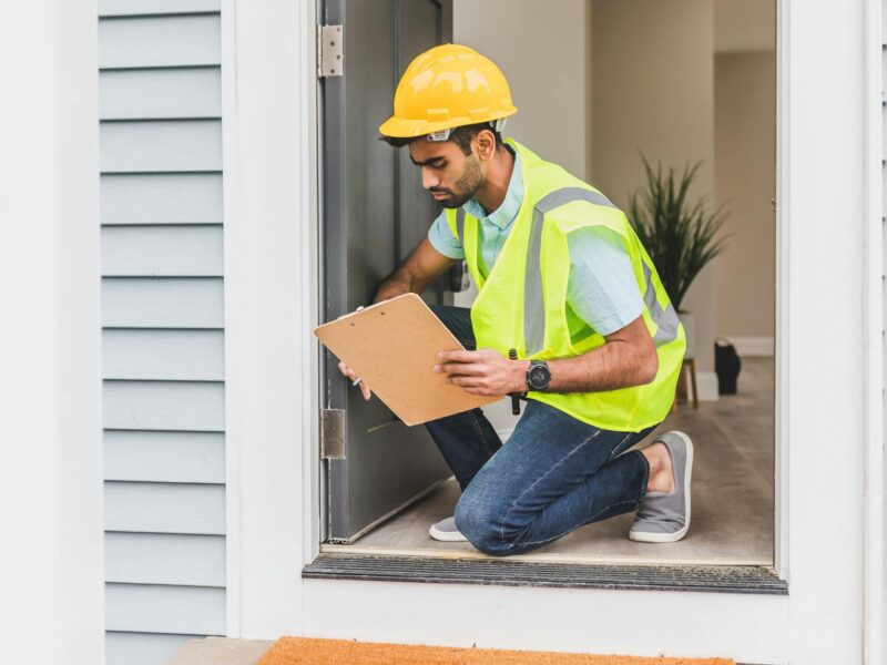 man in yellow safety reflective vest with hard hat doing house inspection