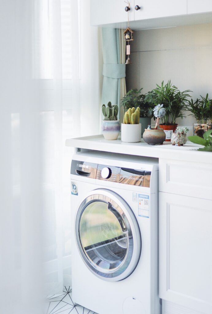 Washing Machine with small plants on top.  