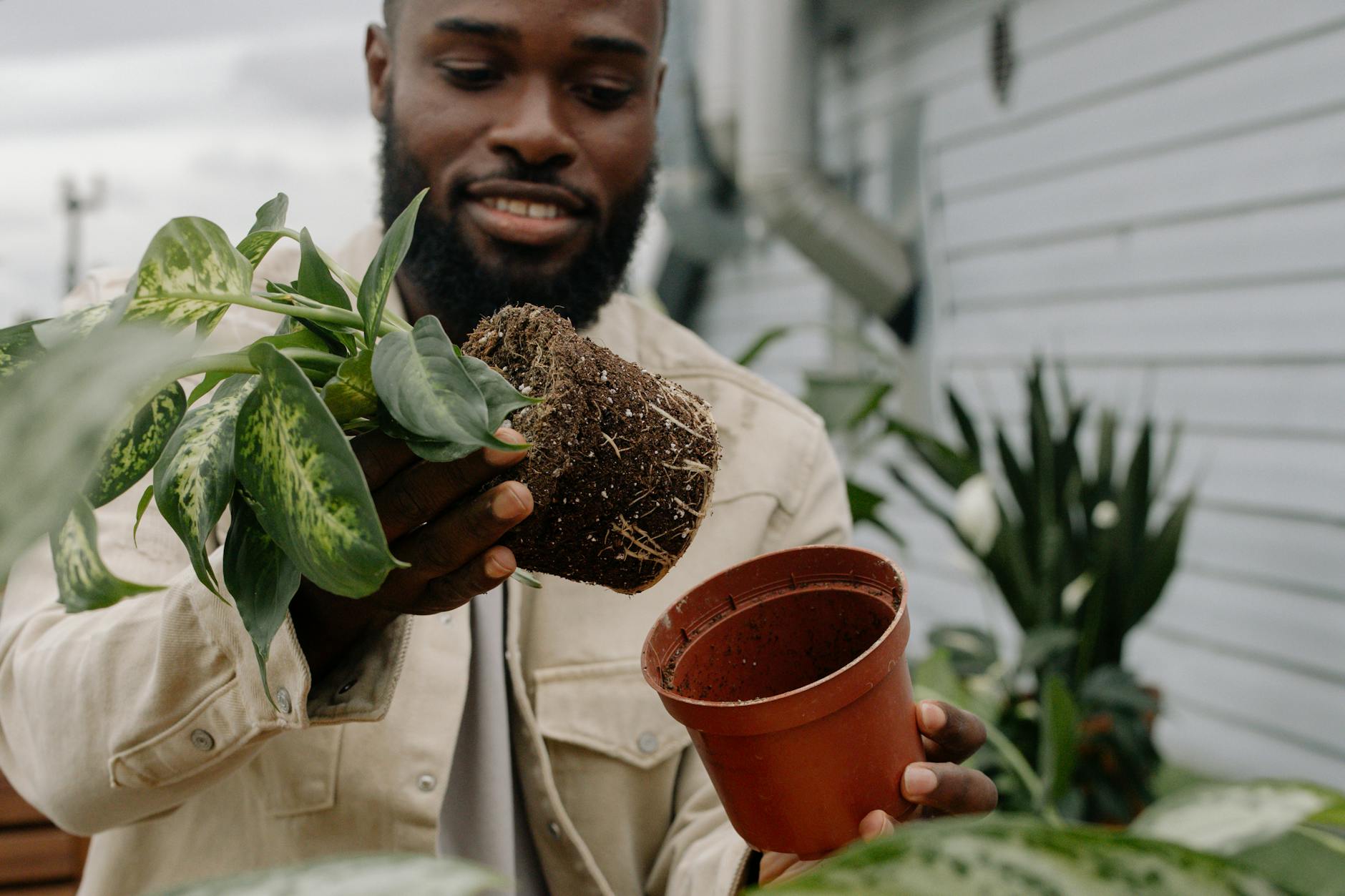a man holding a plant and a pot